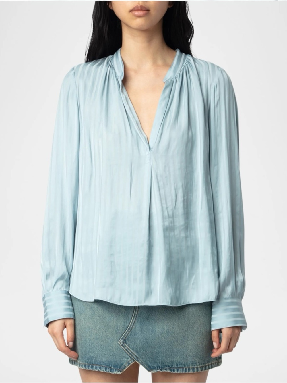 NWT 🦋 ZADIG & VOLTAIRE Light Blue Pleated Long-Sleeve Blouse satin shirt